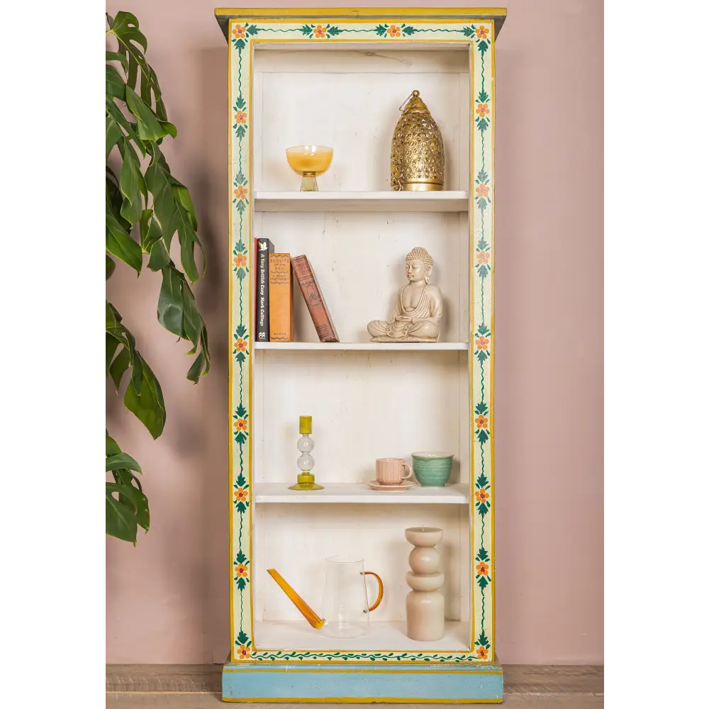 Tall Book Case Hand Painted. Decorative bookshelf with colourful frame