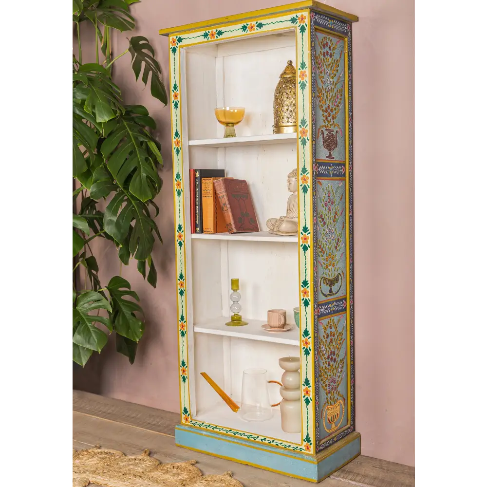 Tall Book Case Hand Painted. Decorative bookshelf with colourful design and shelves 