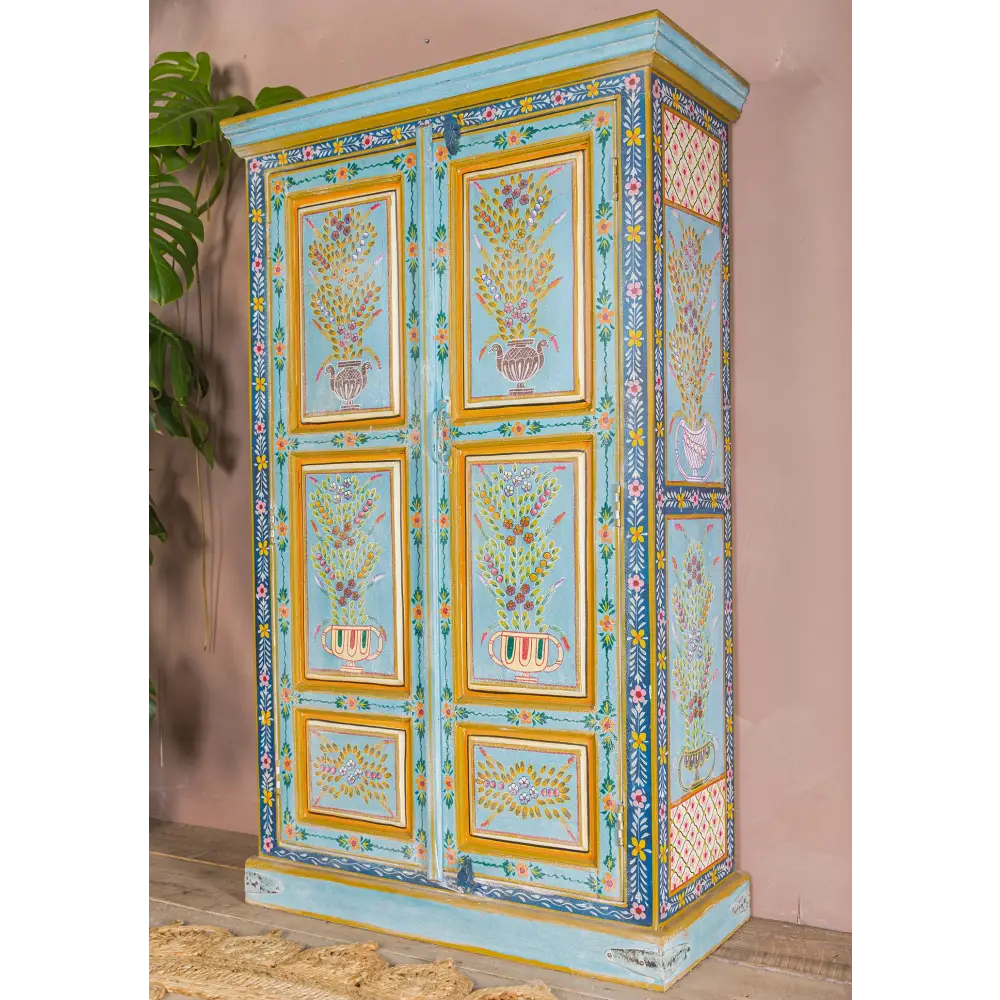 Tall Hand Painted Cupboard. Eastern Decorated cabinet with floral patterns 
