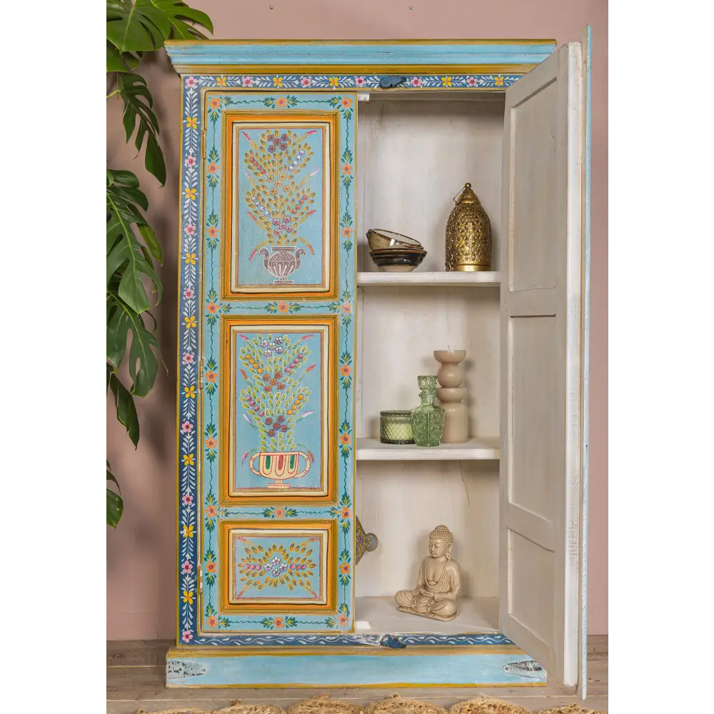 Tall Hand Painted Cupboard. Decorative cabinet with floral patterns and shelves 