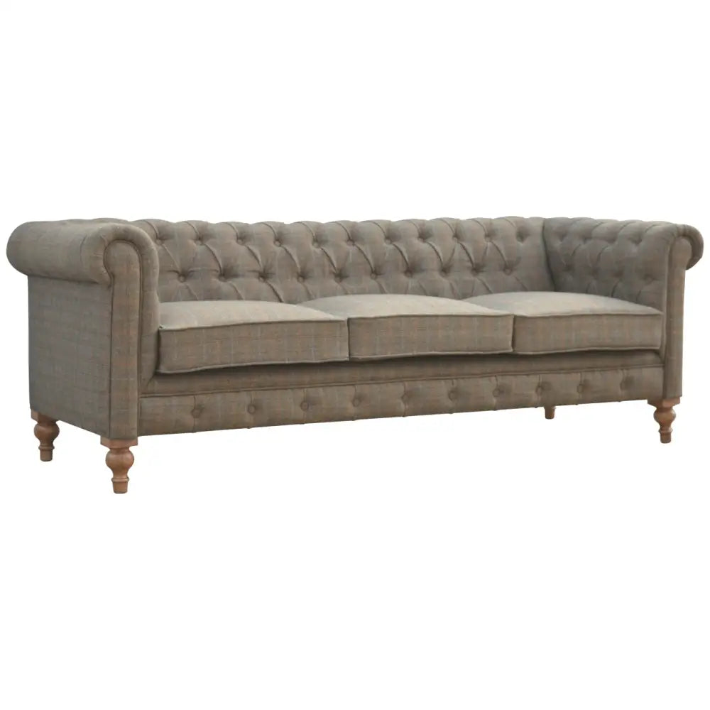 Tweed chesterfield sofa. Grey tufted sofa with wooden legs 