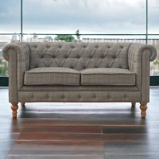 Tweed Chesterfield Sofa. Grey tufted sofa