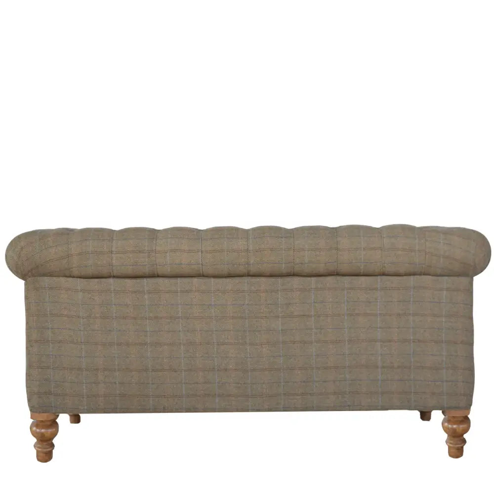 Tweed Chesterfield Sofa. Fabric sofa with plaid pattern and wooden legs 