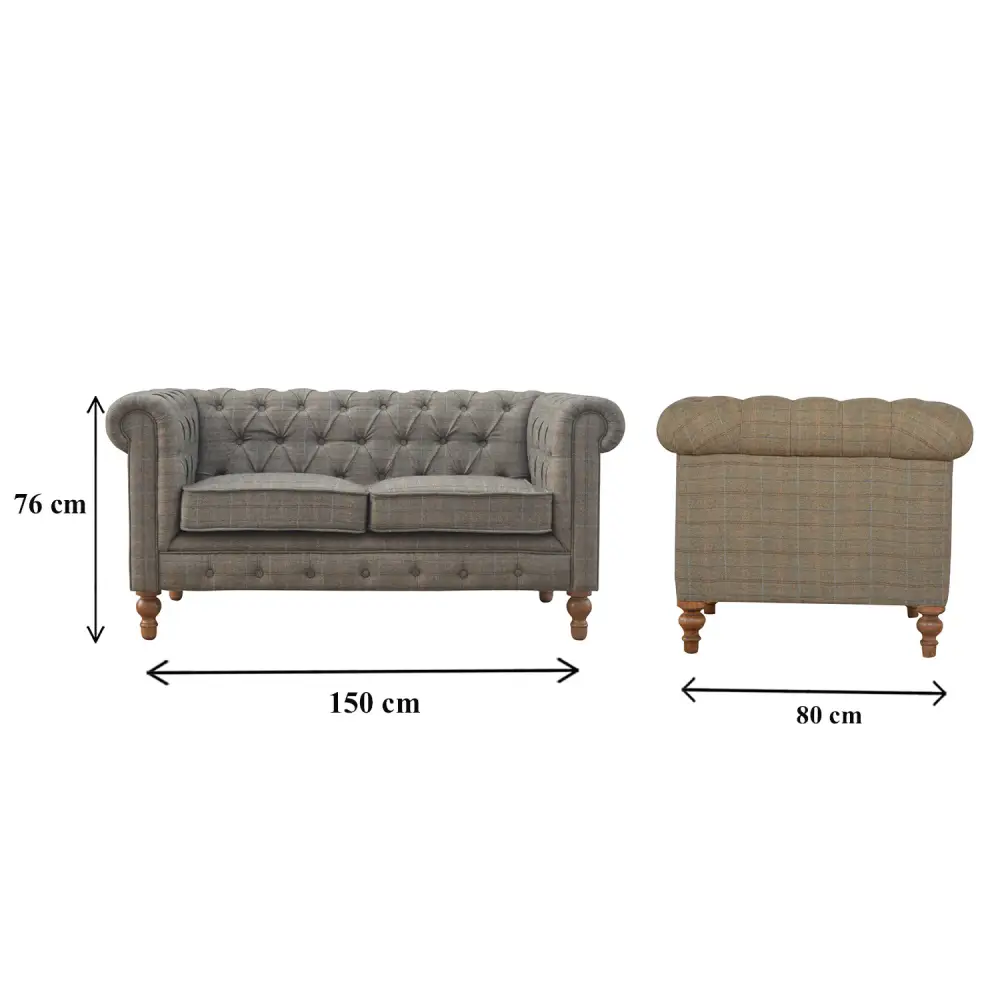 Tweed Chesterfield Sofa. Grey tufted sofa with dimensions 