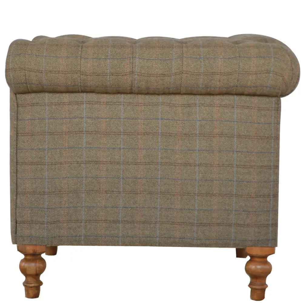 Tweed Chesterfield Sofa.Brown checkered sofa with wooden legs 