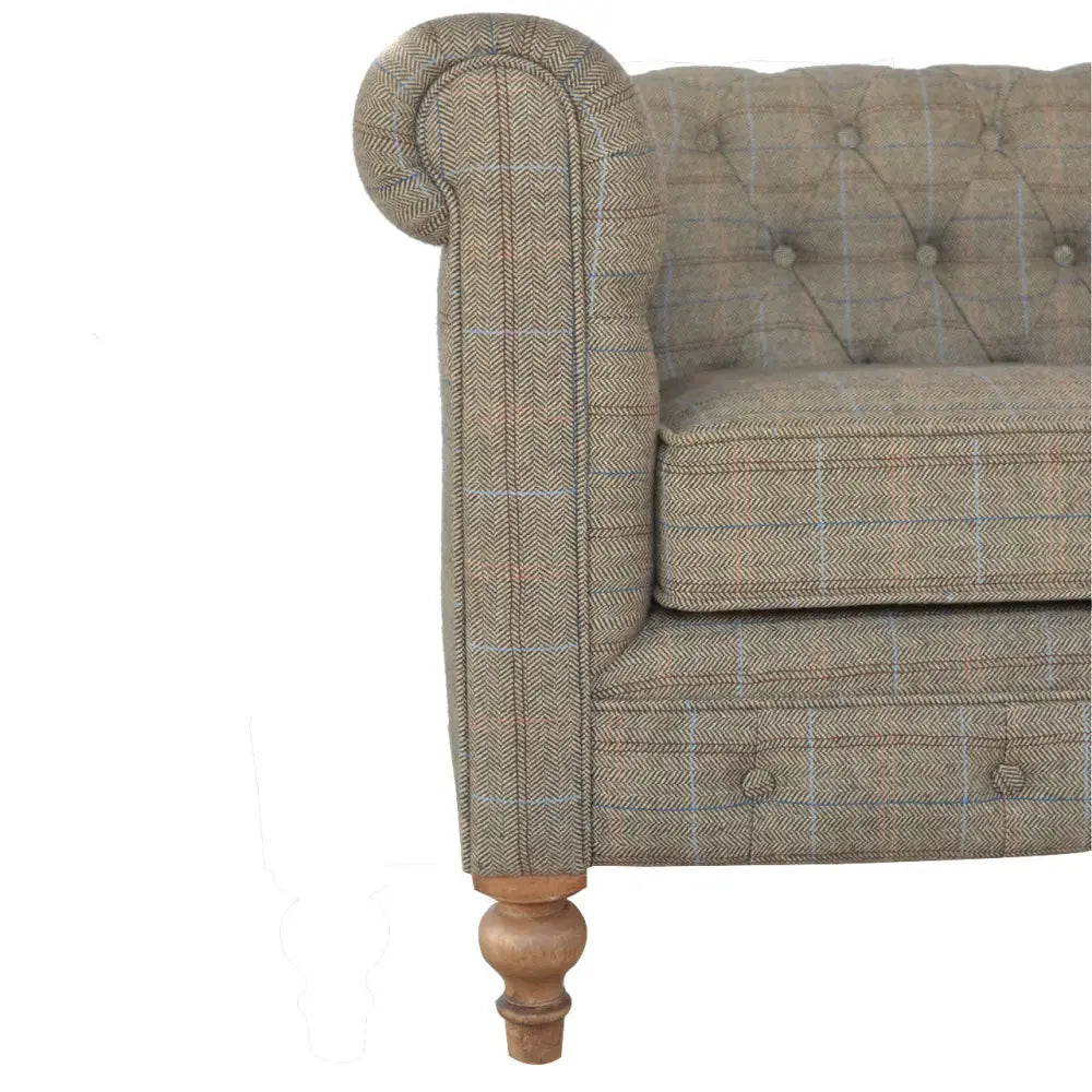 Tweed Chesterfield Sofa. Brown tweed sofa with wooden legs 