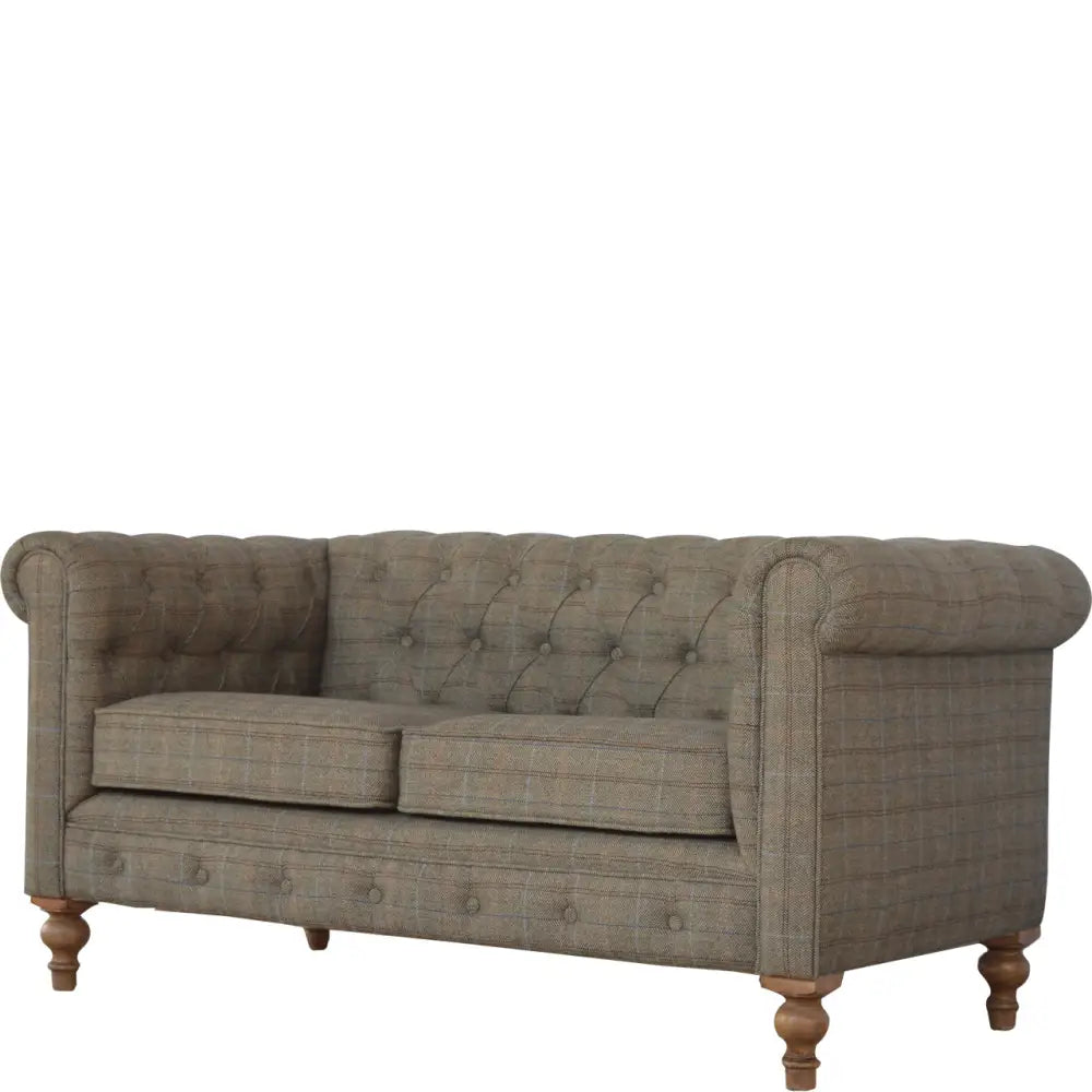 Tweed Chesterfield Sofa. Checkered sofa with wooden legs 