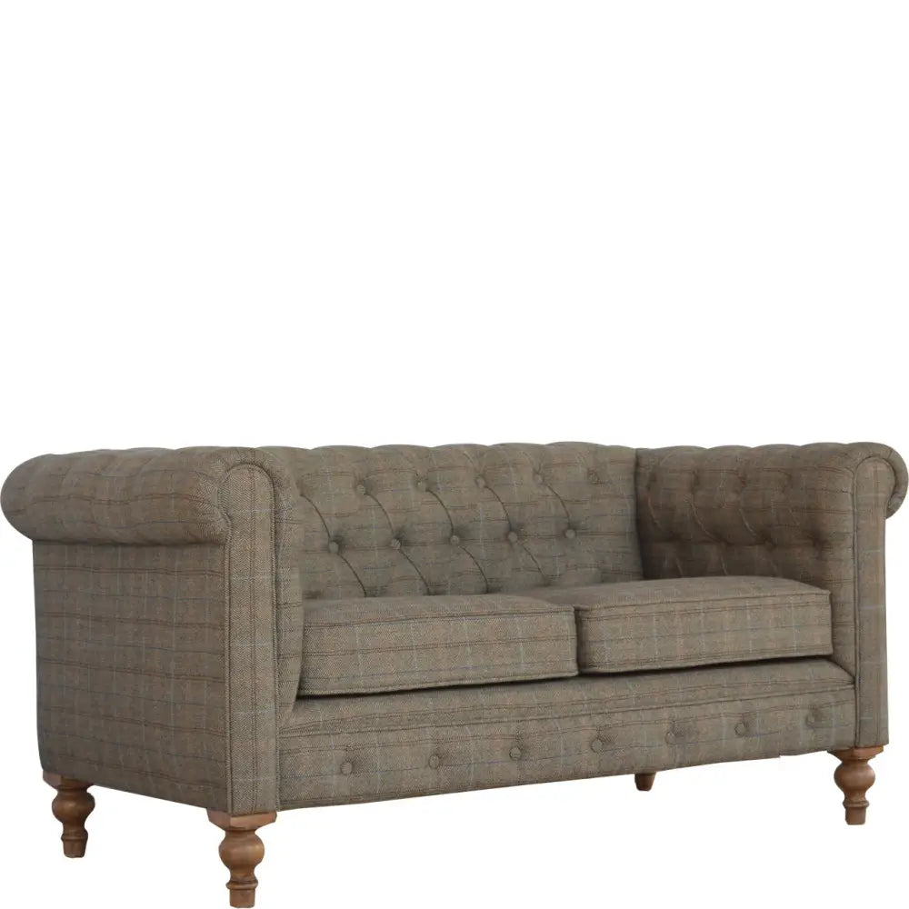 Tweed Chesterfield Sofa. Brown multi tweed  sofa with wooden legs