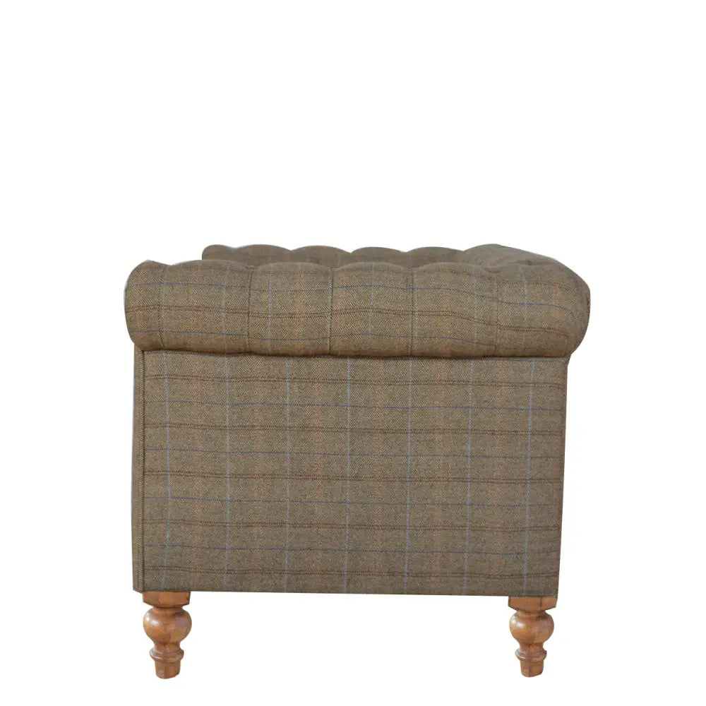 Tweed Chesterfield Sofa. Brown checkered sofa with wooden legs 