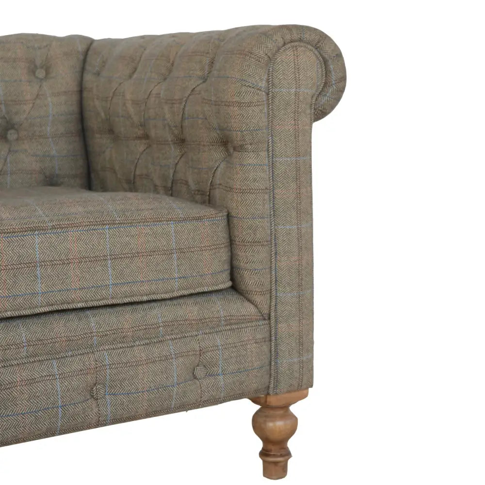 Tweed Chesterfield Sofa. Brown checkered sofa with wooden legs 