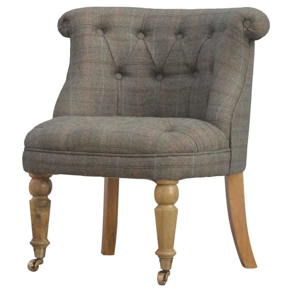 Tweed occasional chair. Grey upholstered chair with wooden legs 