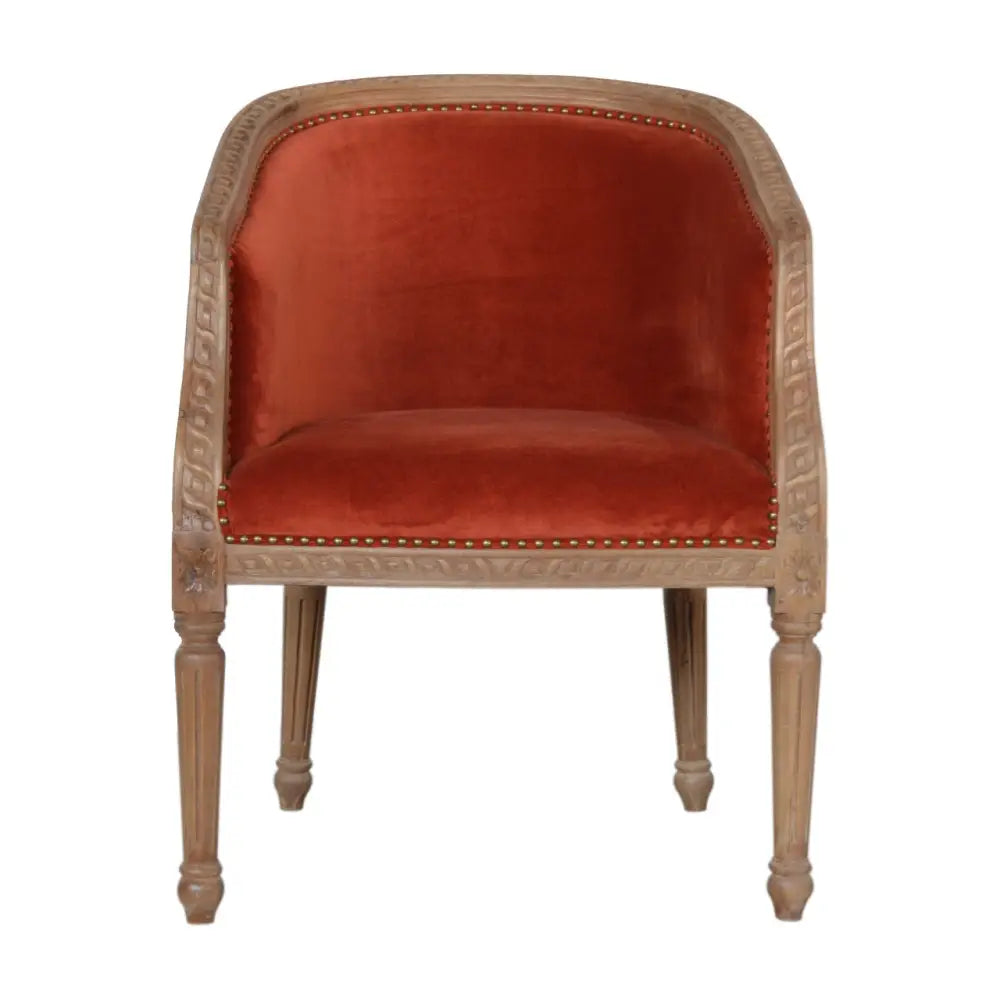 Burnt orange velvet armchair. Eco-friendly home decor.