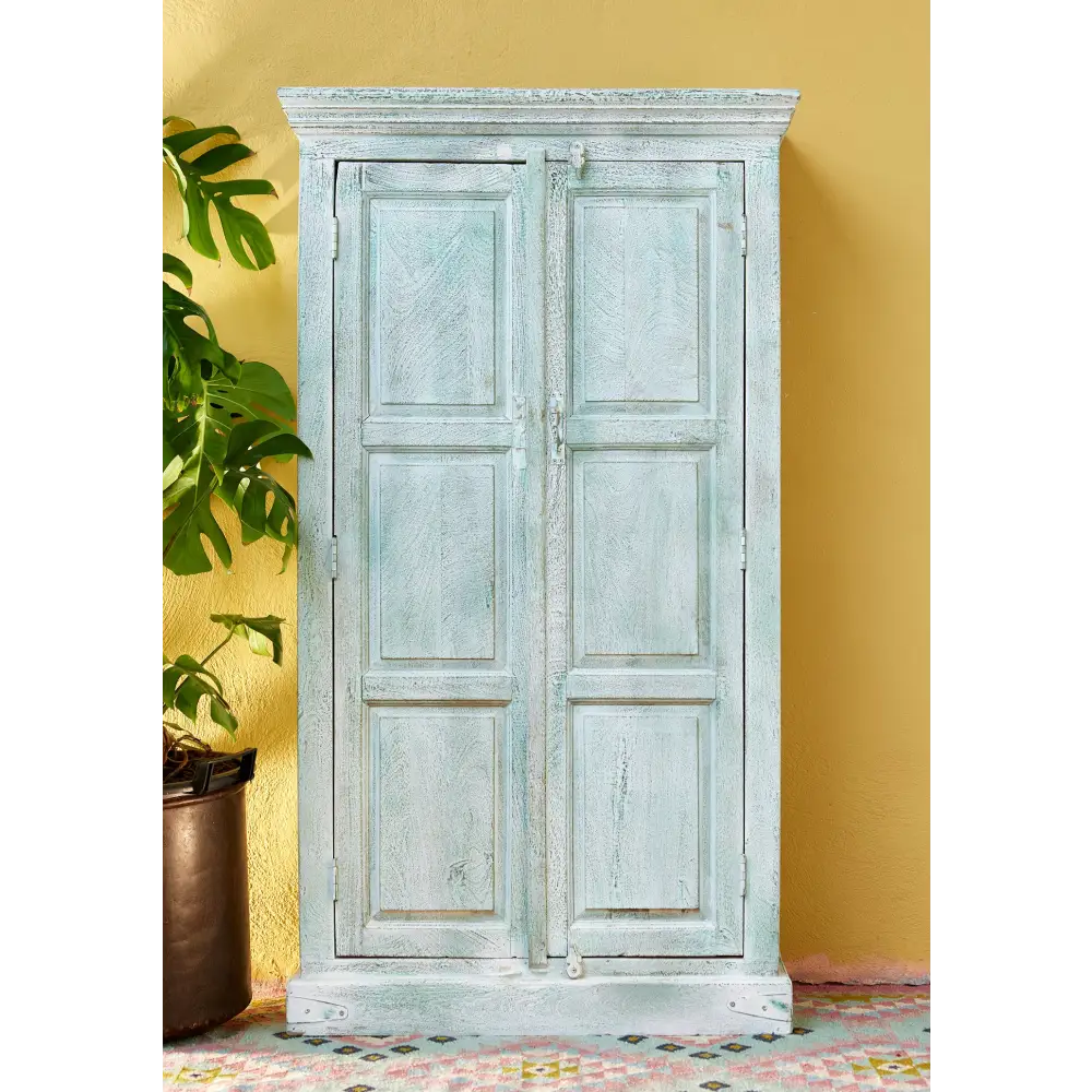 Tall Hand Painted Cupboard. Vintage-style wooden wardrobe with a distressed finish 