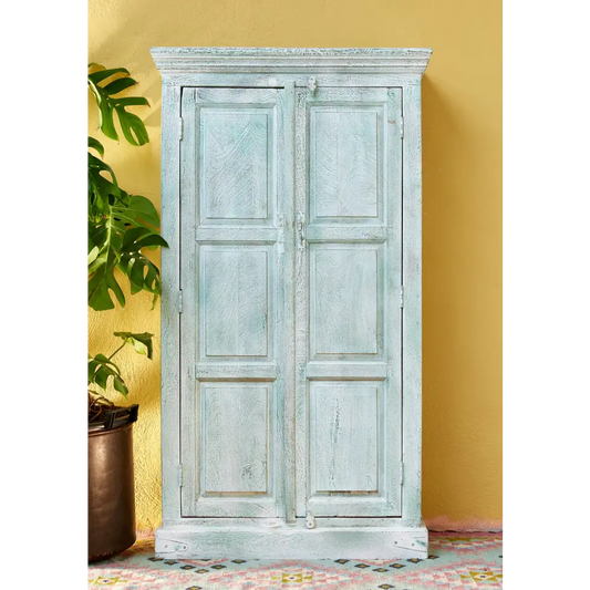 Tall Hand Painted Cupboard. Vintage-style wooden wardrobe with a distressed finish 