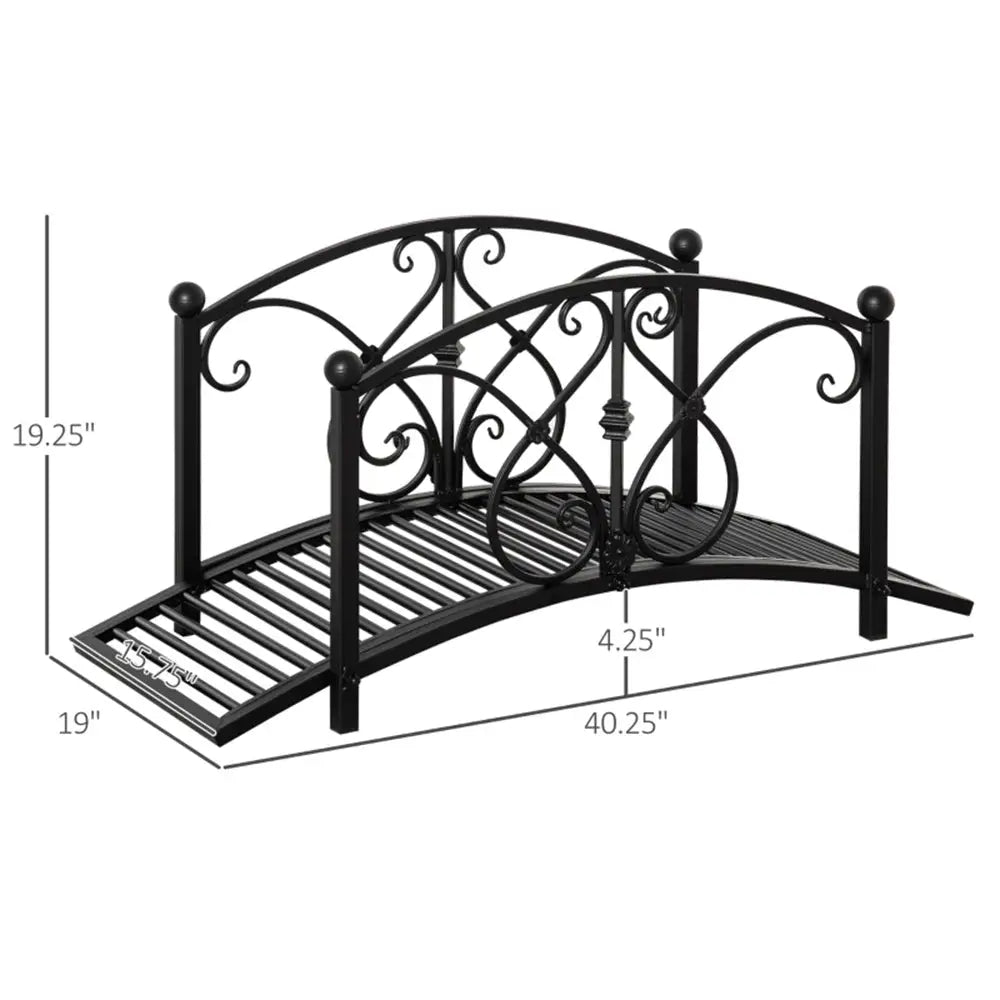 Vintage style steel frame garden bridge. Decorative black metal garden bridge with dimensions 