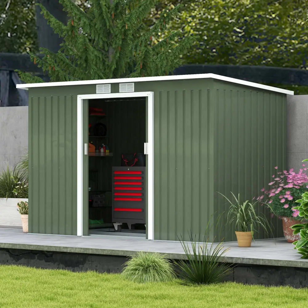 Weatherproof luxury storage for the garden. Lockable garden metal bike storage shed. Green shed for garden storage.