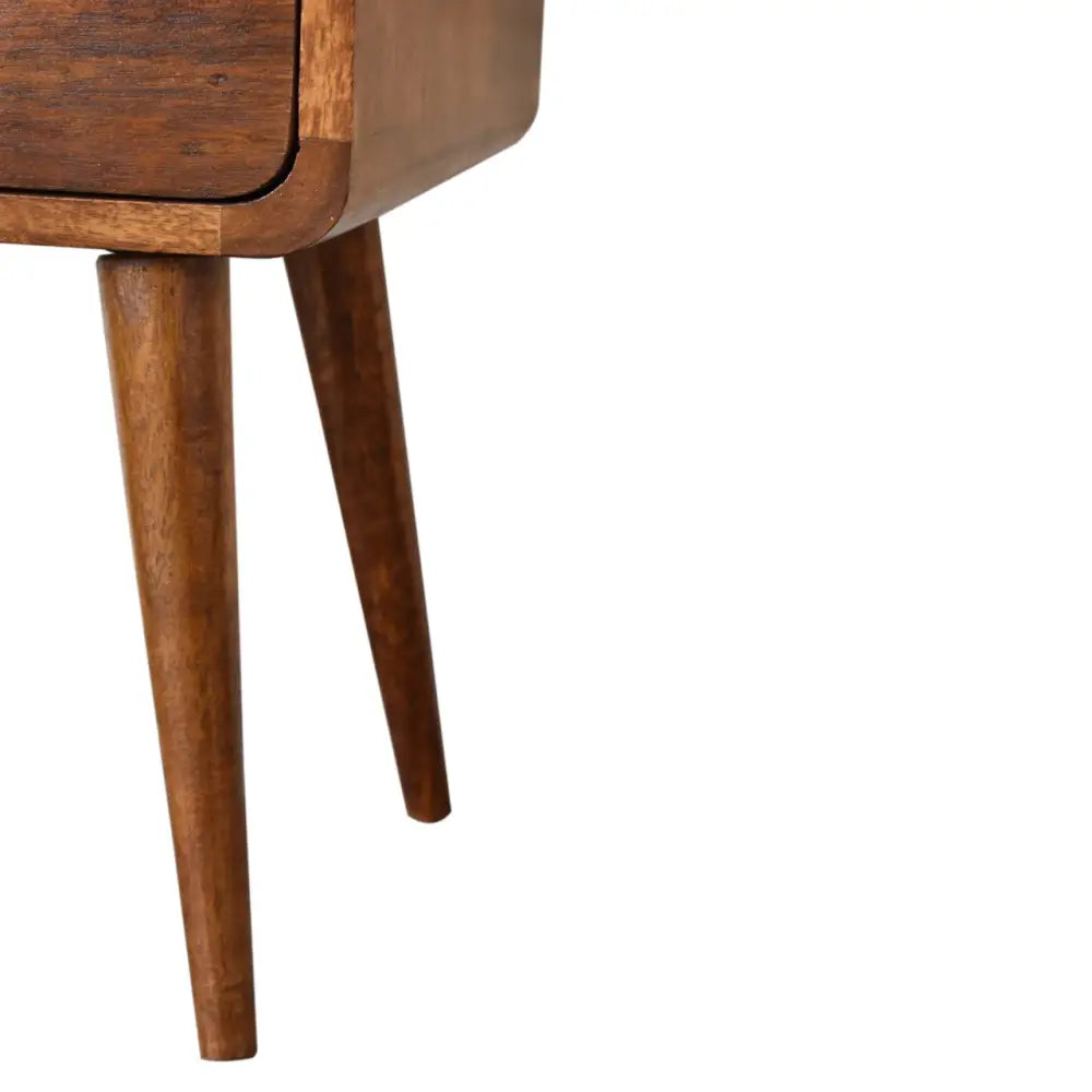 Ethical wood sourcing. Wooden Bedside Cabinet with 2 Drawers Close-up of a wooden side table.Eco-friendly home decor.