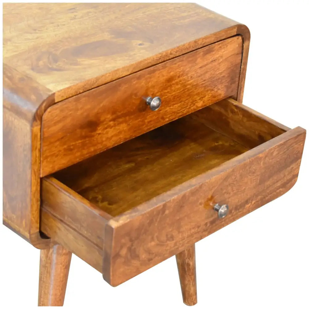 Eco-friendly home decor. Wooden bedside cabinet with two drawers. Sustainable furniture.