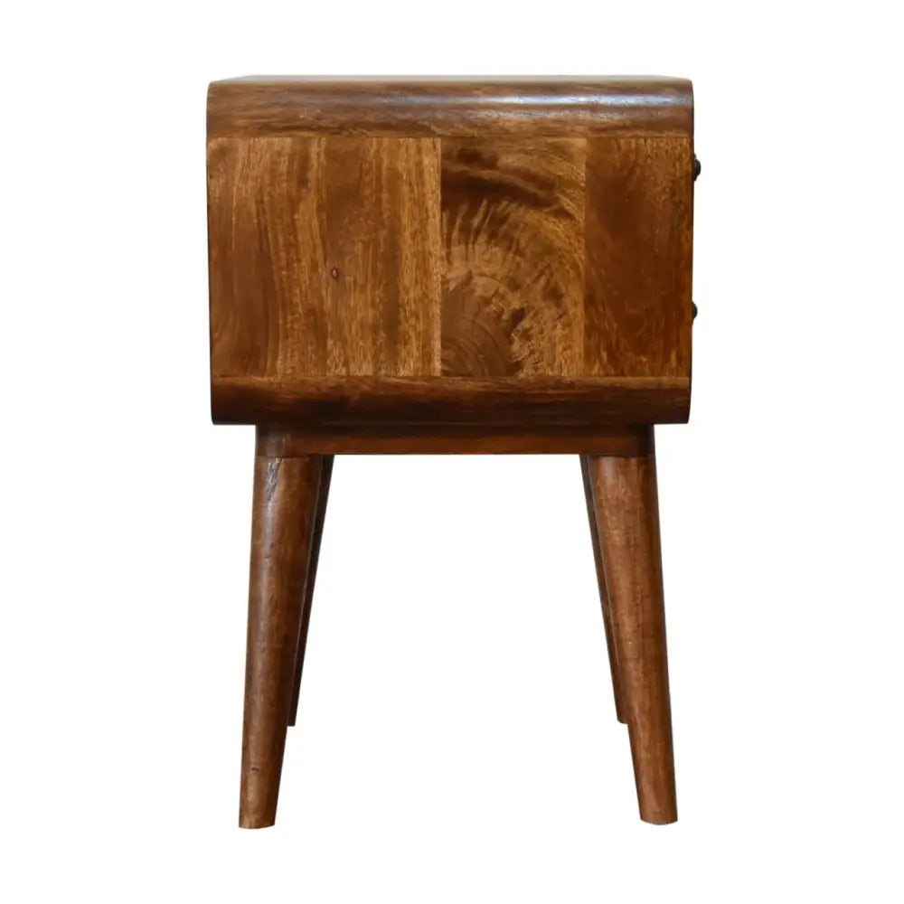 Ethical wood sourcing. Narrow Wooden bedside table 55cm. Eco-friendly home decor.