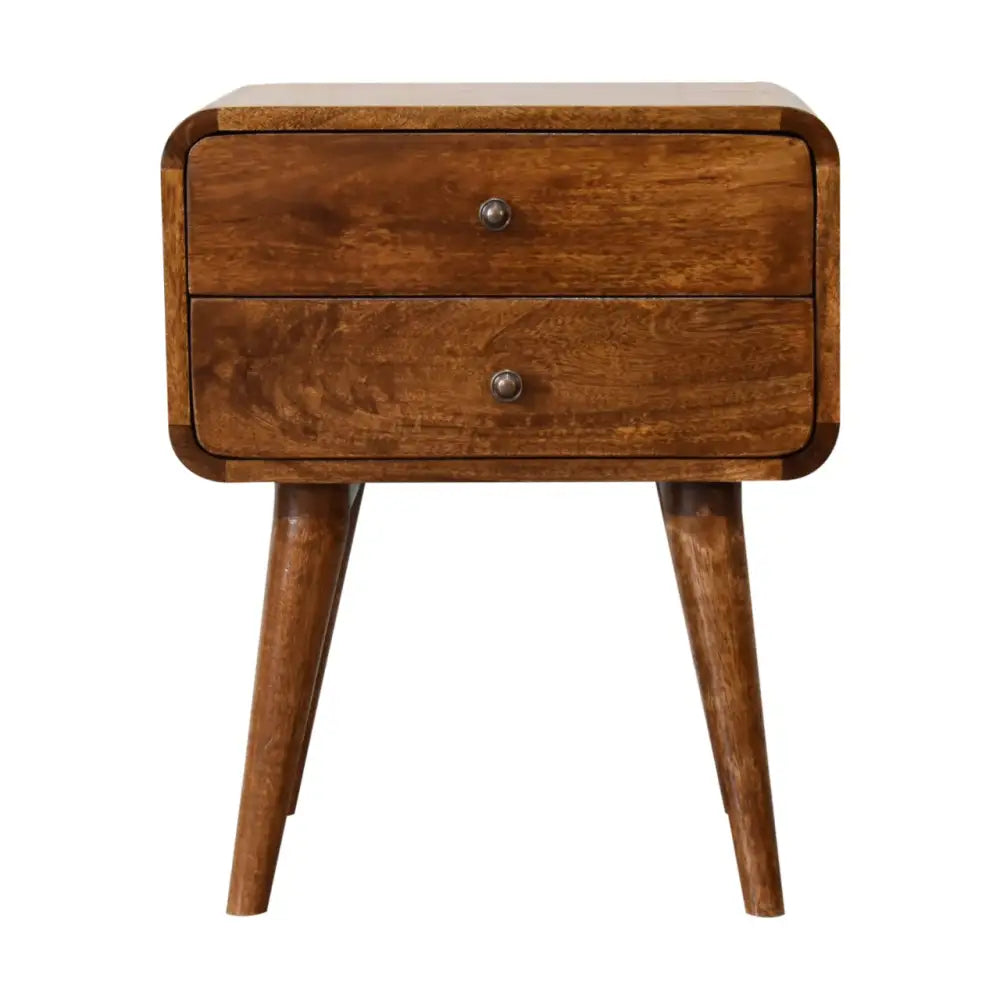 Sustainable furniture. Tall Wooden bedside cabinet with two drawers. Eco-friendly home decor.