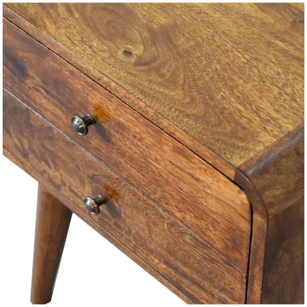 Sustainable furniture. Wooden bedside table with two drawers. Eco-friendly home decor.