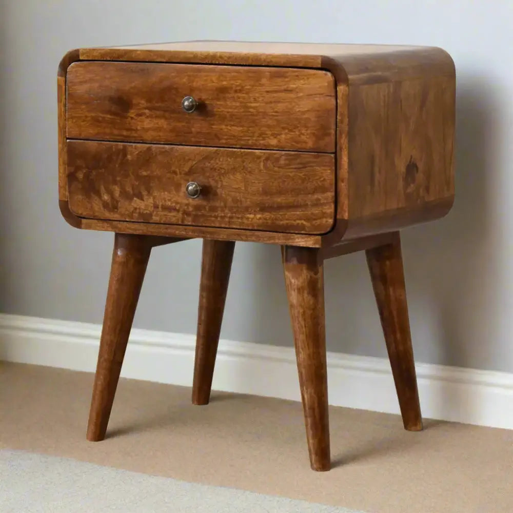 Eco-friendly home decor. Solid Wood bedside table with two drawers. Ethical wood sourcing.