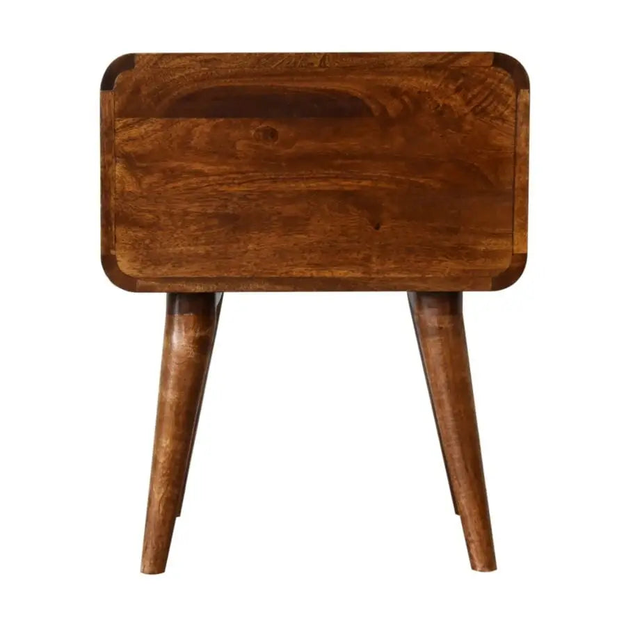 Wood side table 55cm wide with a brown finish. Sustainable furniture. Eco-friendly home decor.