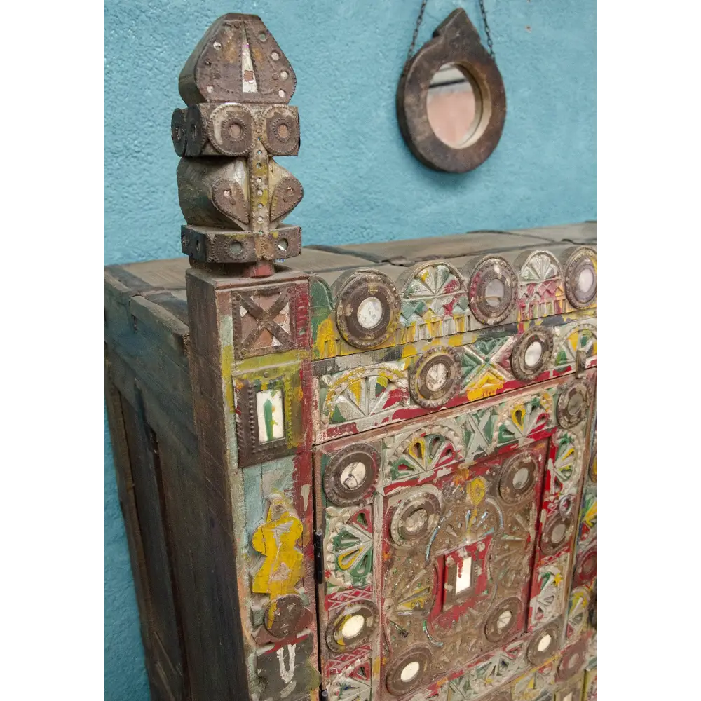 Wooden Damchiya Chest. Hand-Painted Wooden Damchiya Chest. Decorative wooden Cabinet  with intricate carvings and colourful patterns 