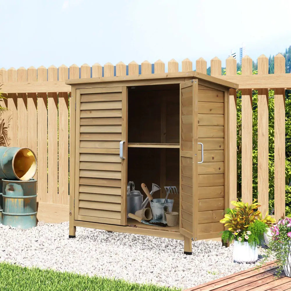 Small wooden garden tool shed, wooden shed with large shelves