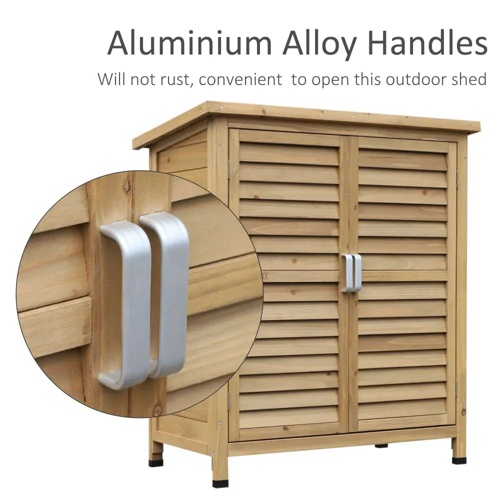 Small wooden garden tool shed. Aluminium alloy handles for shed door