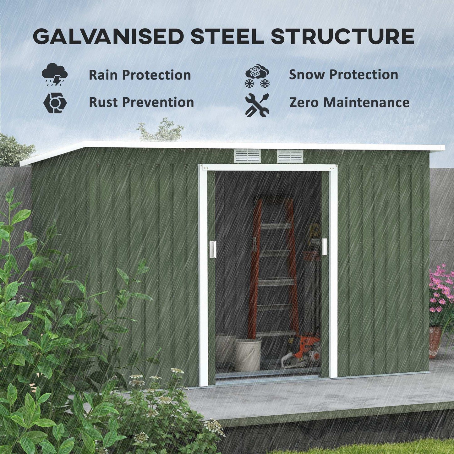 Weatherproof luxury storage for the garden. Lockable garden metal bike storage shed. Galvanised steel structure, zero maintenance.